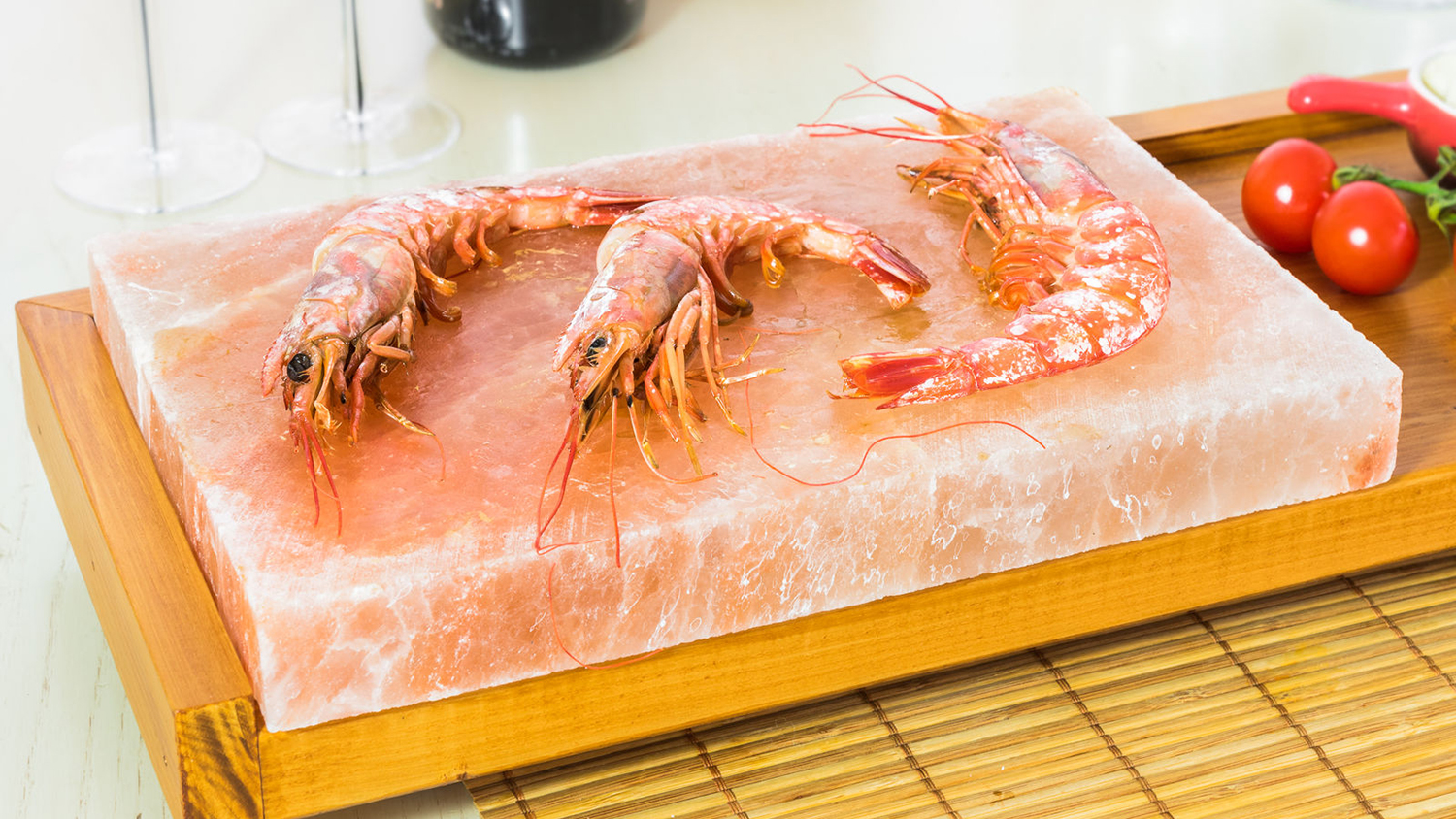 Himalayan rock salt blocks with shrimp