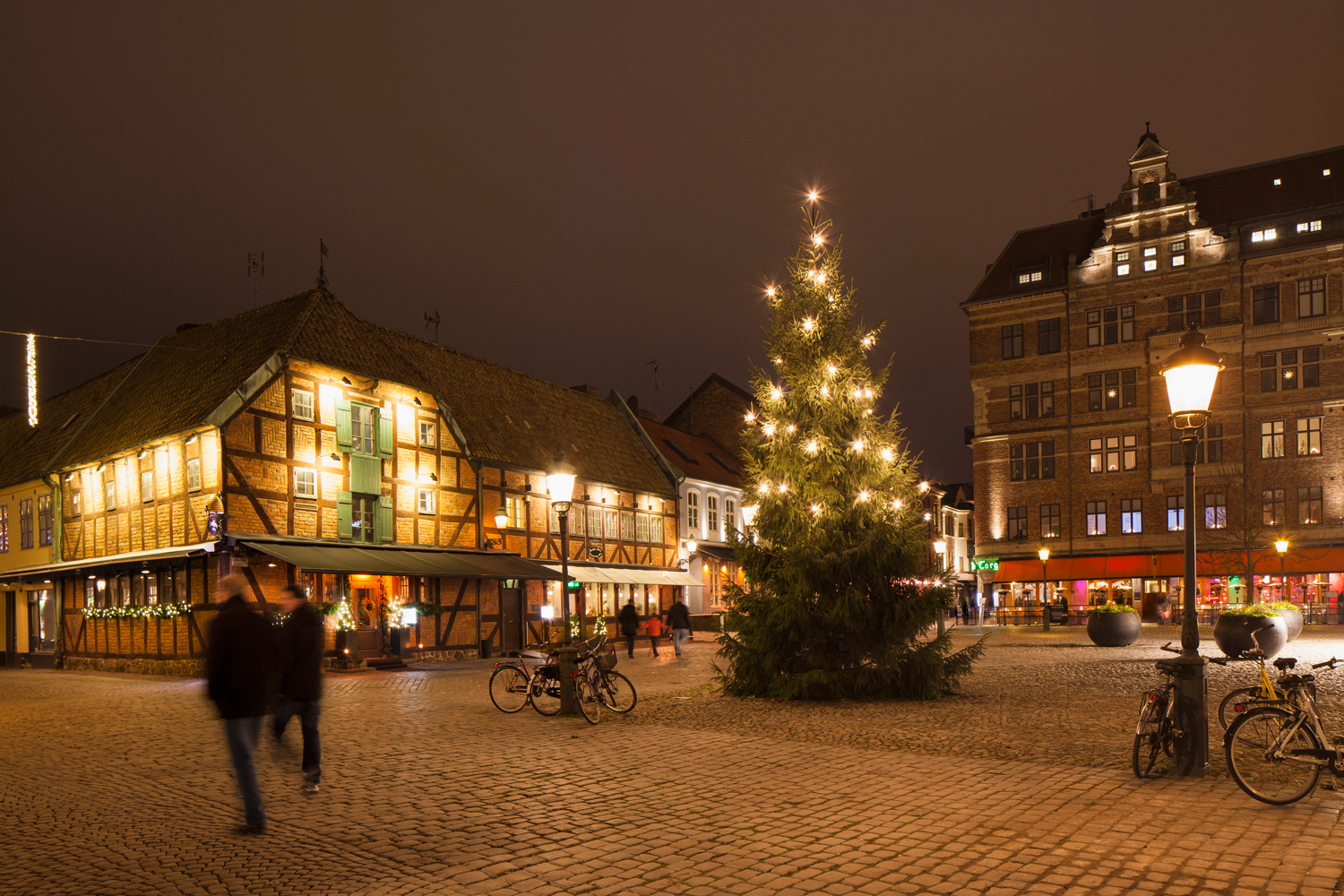 A town square decorated for Christmas near Stockholm, Sweden.