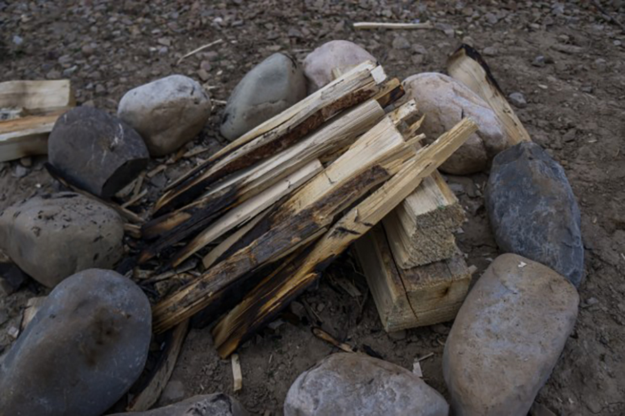 Burned sticks of wood surrounded by rocks.