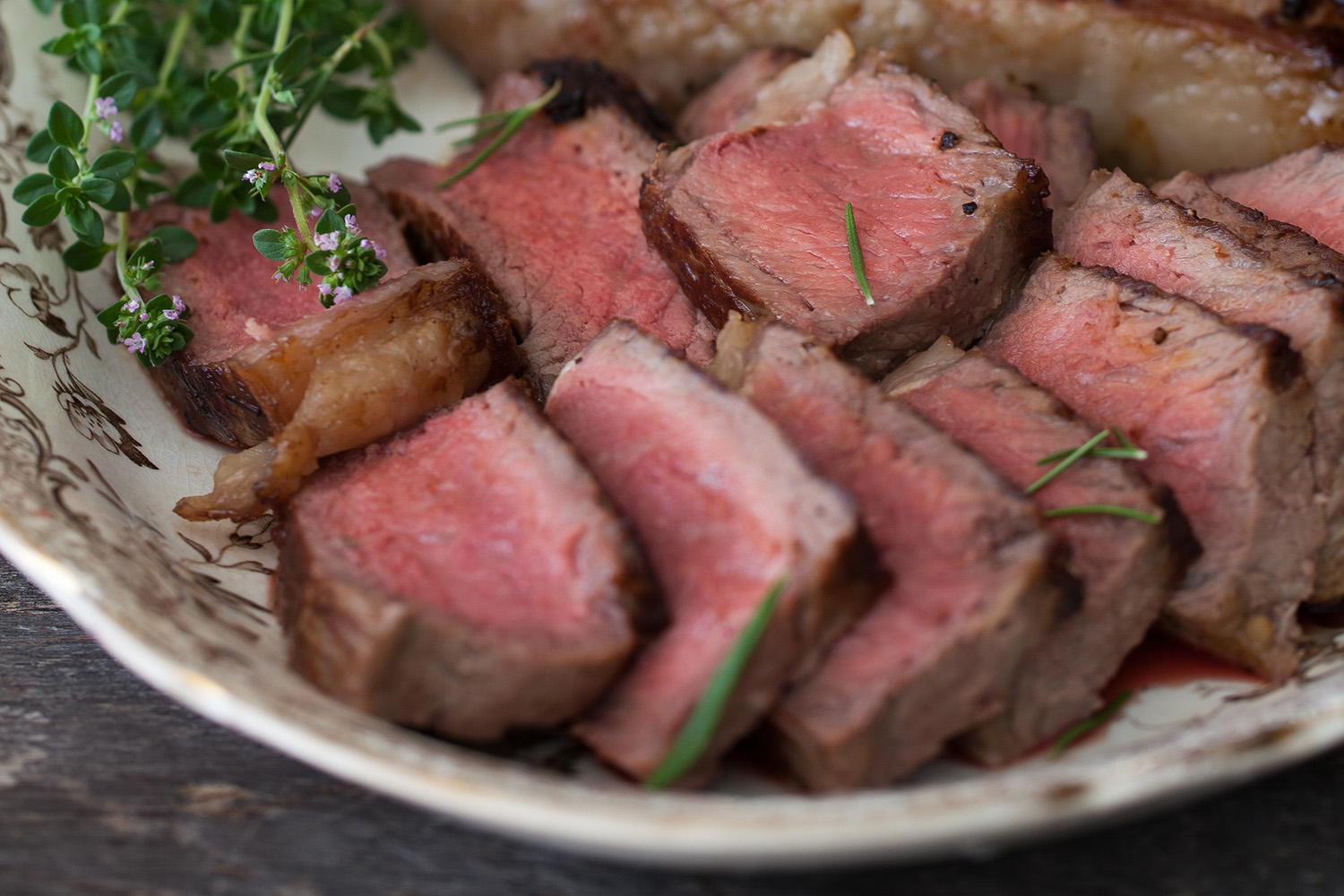 New York strip steak slices on a plate