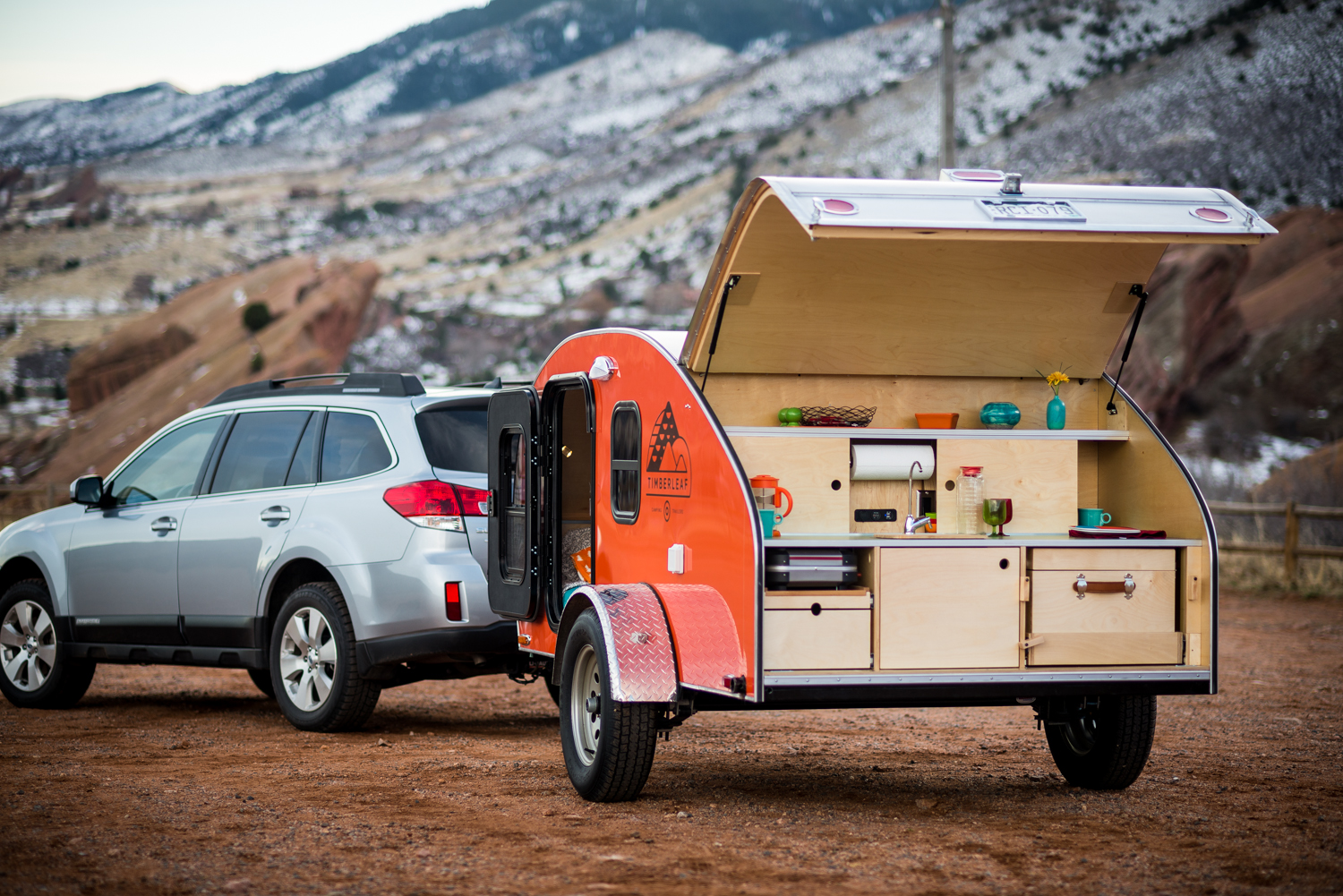 Timberleaf Teardrop Trailer against an outdoor backdrop.