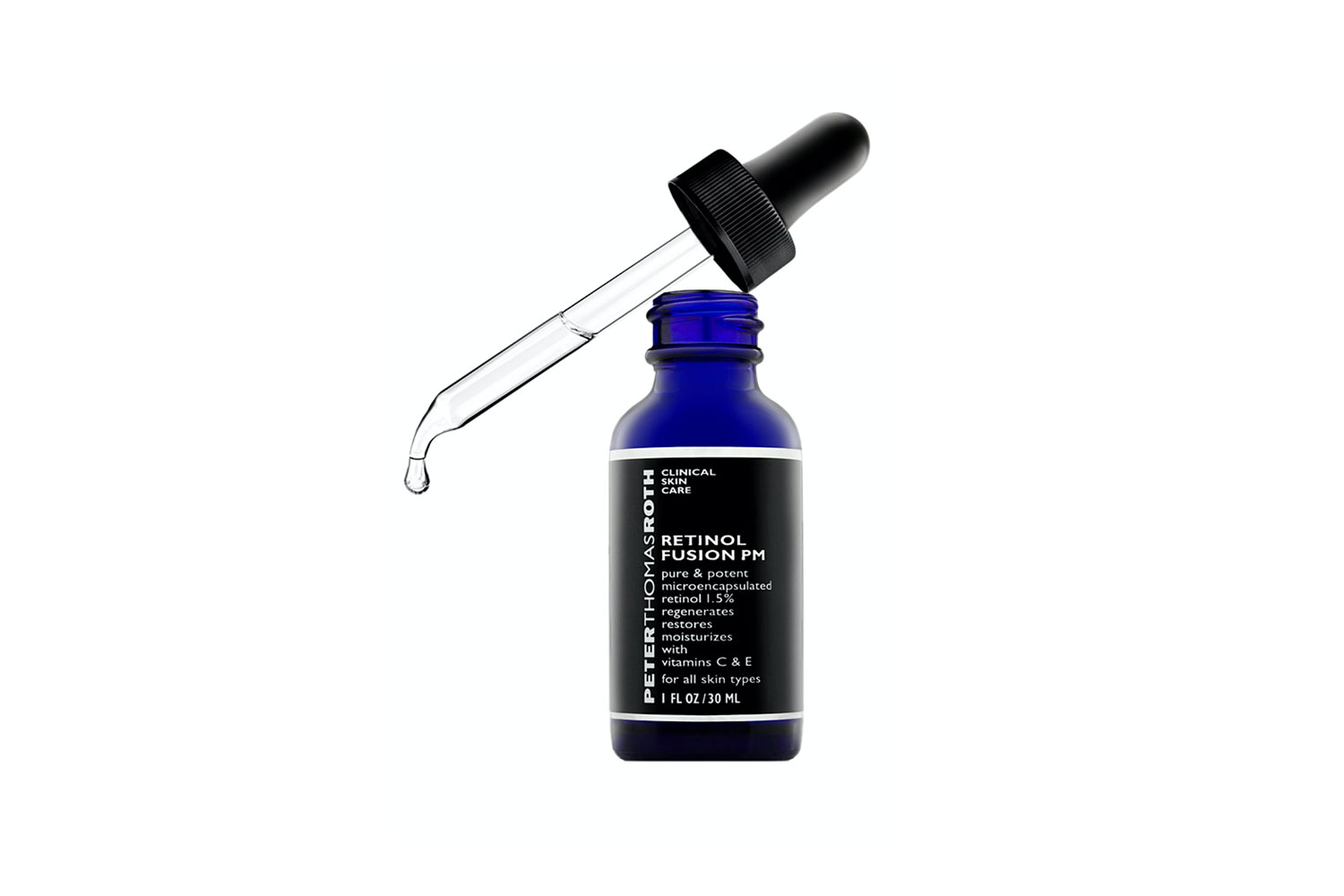 A small bottle of Peter Thomas Roth Retinol Fusion PM Night Serum on a white background.