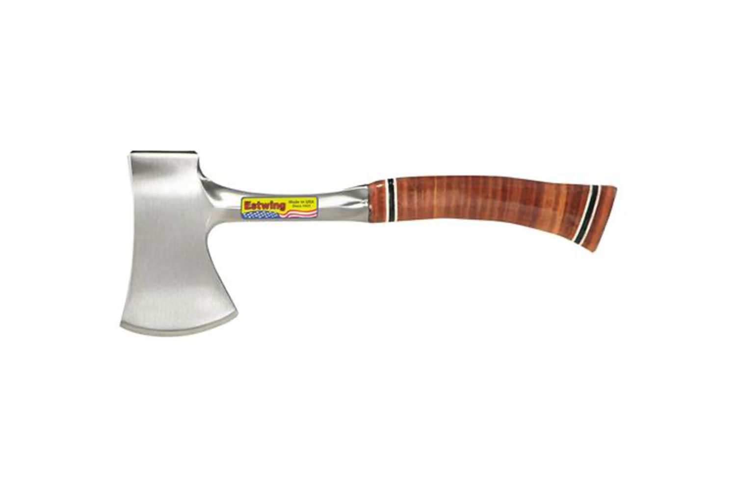 A steel Estwing Sportsman’s Axe with a wood effect handle, on a white background.