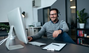 Man on a video conference call.