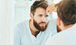 Man tweezing eyebrows