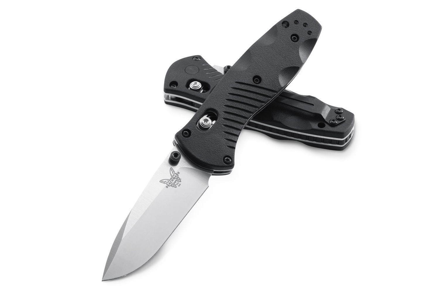 Benchmade Mini Barrage flipper pocket knife on a plain white background.