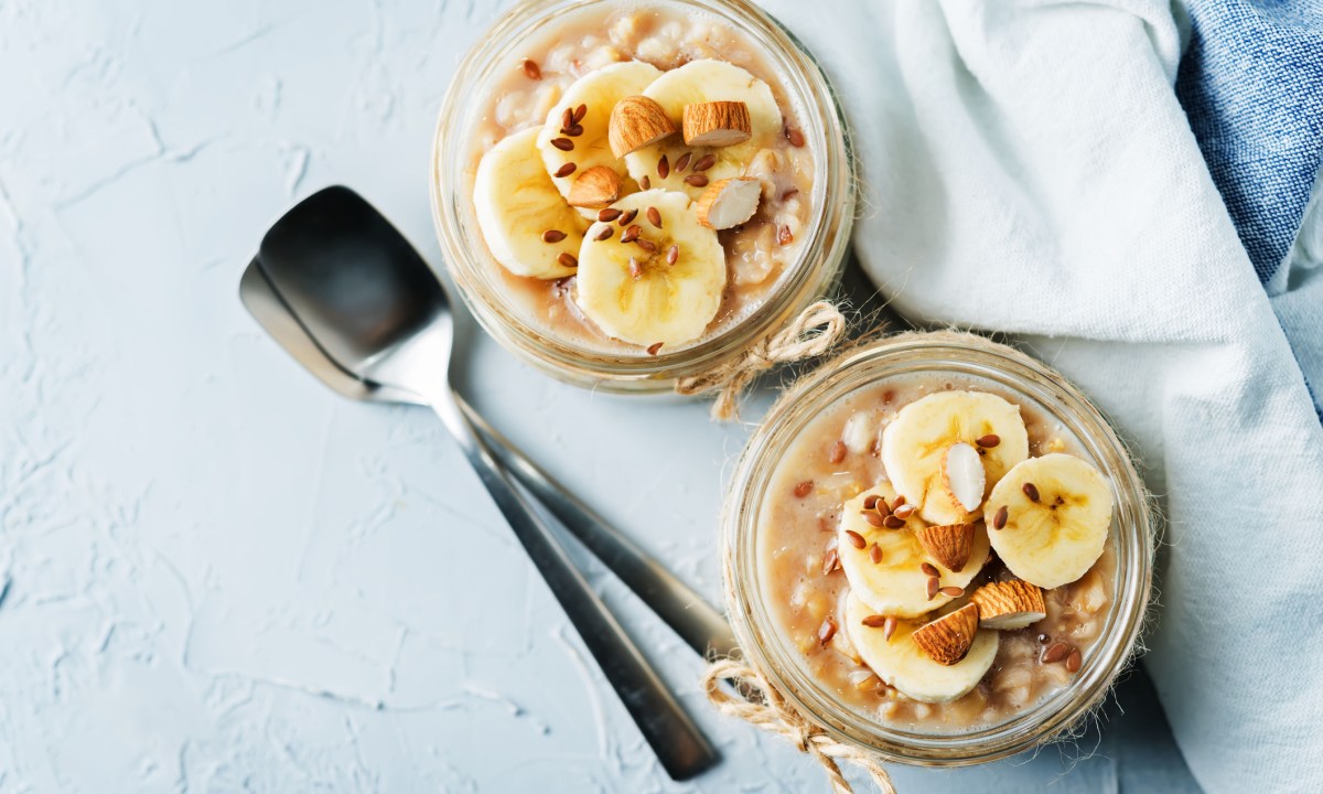 Banana flax seeds overnight oats with banana slices and almonds