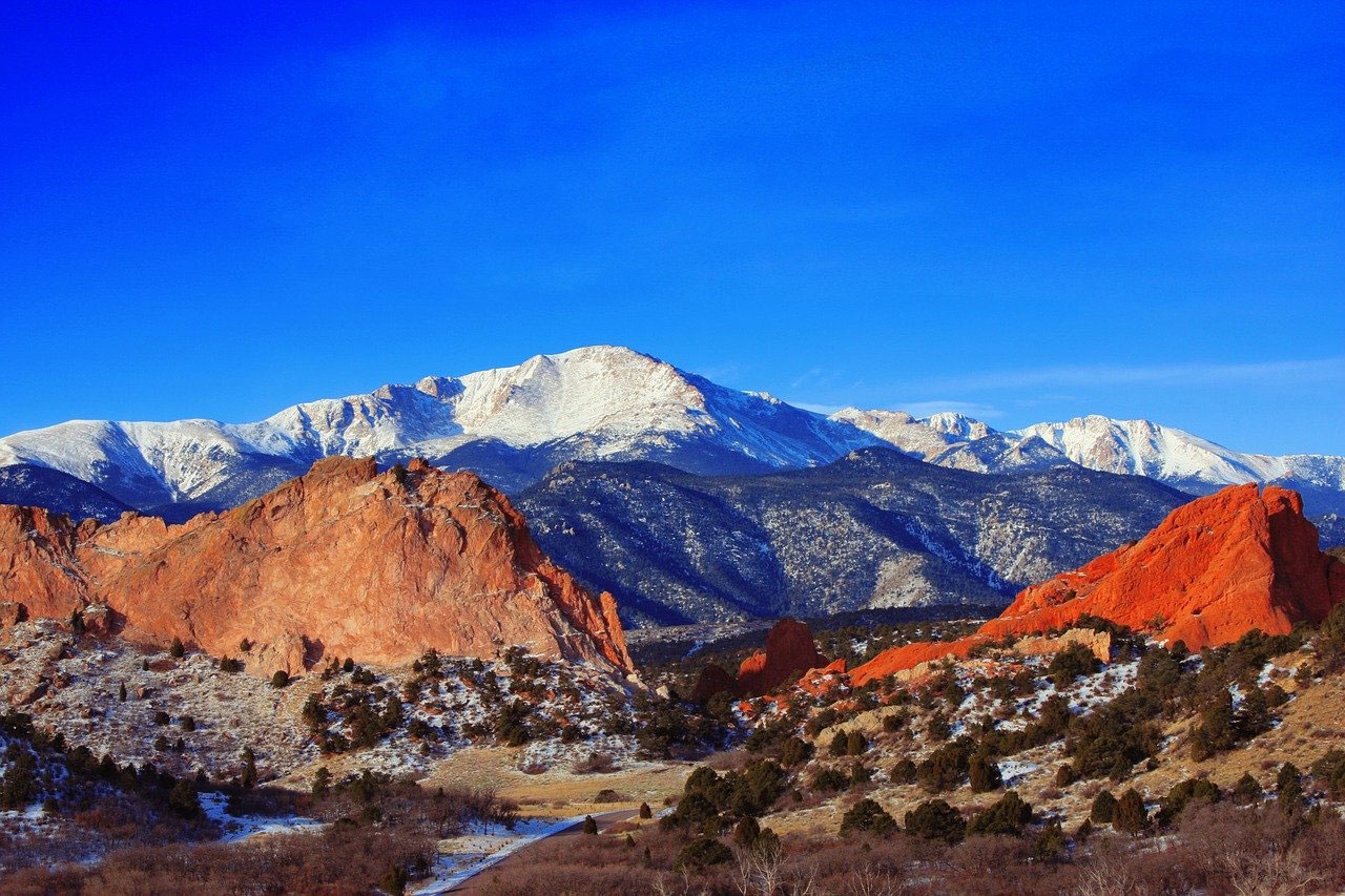 Pikes Peak and Garden of the Gods in Colorado Springs. Colorado.