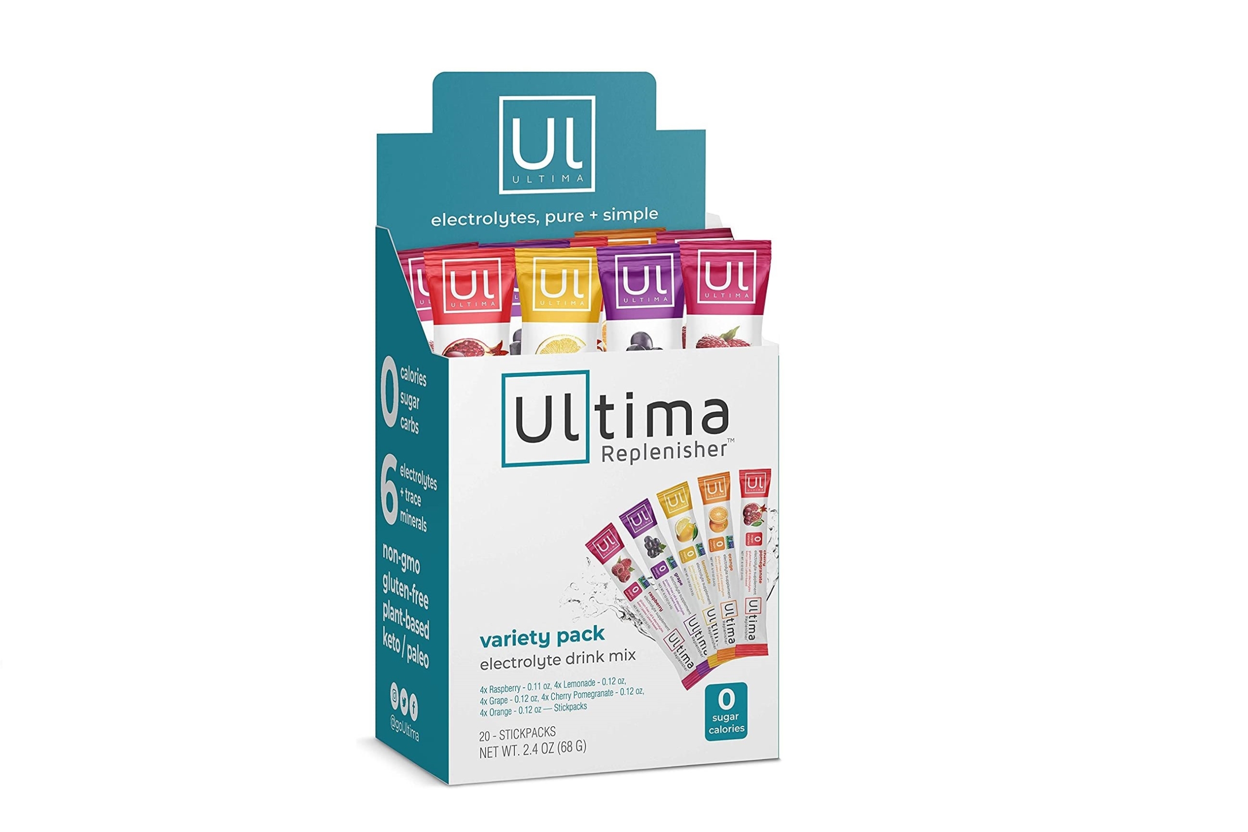 A box containing packs of Ultima Replenisher Electrolyte Hydration Powder.