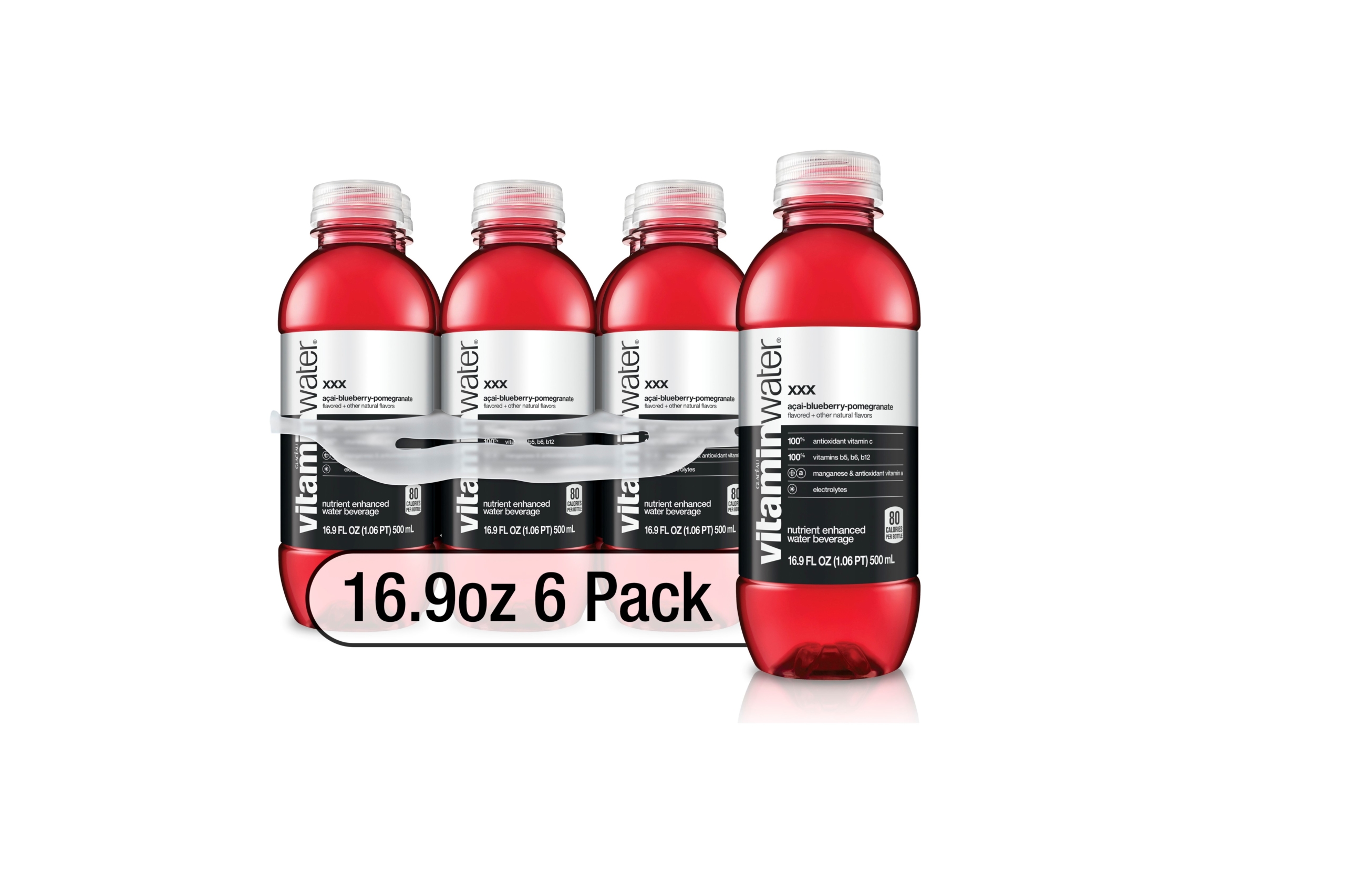 A six-pack Vitaminwater xxx on white background.