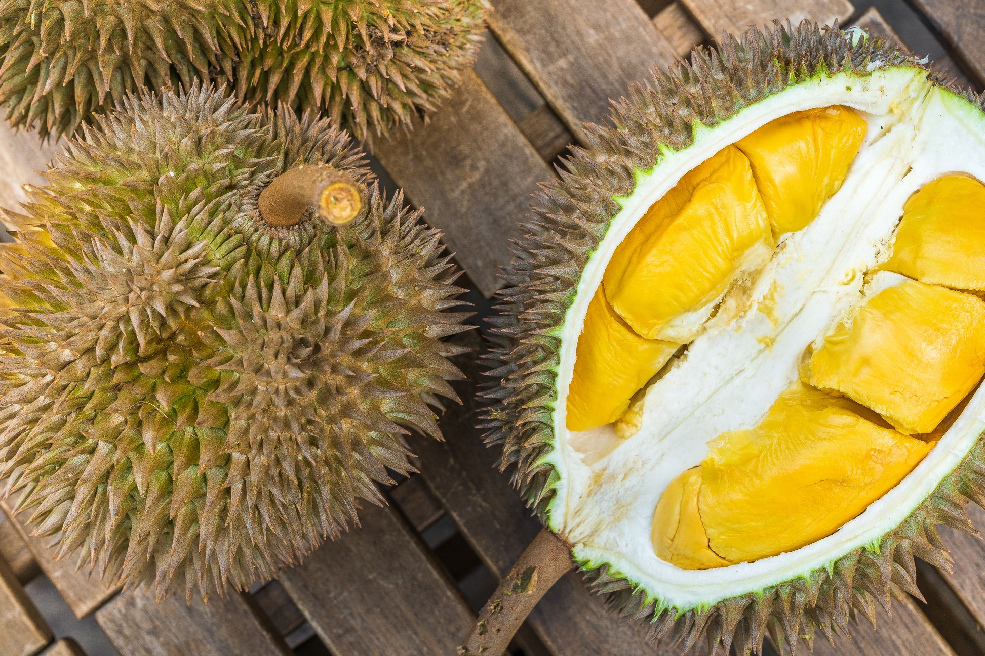 High angle view of durian fruit