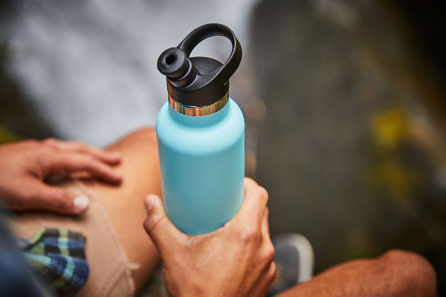 Blue water bottle.