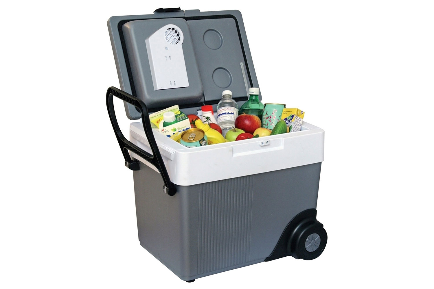 A Koolatron Kargo Wheeler Electric Wheeled Cooler containing assorted food and beverages.