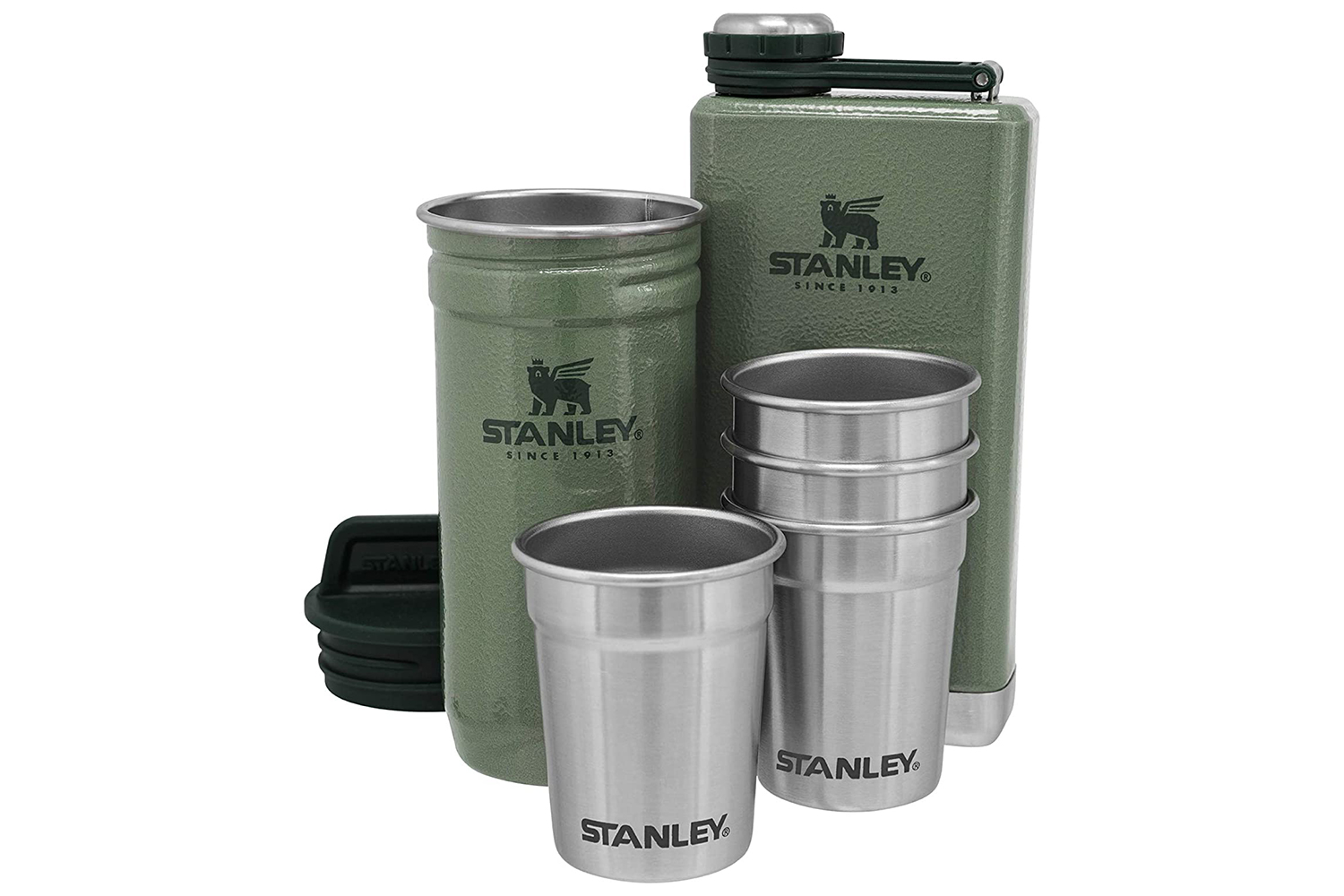 A studio shot of the Stanley Stainless Steel Shot Glass And Flask Gift Set on a plain white background.