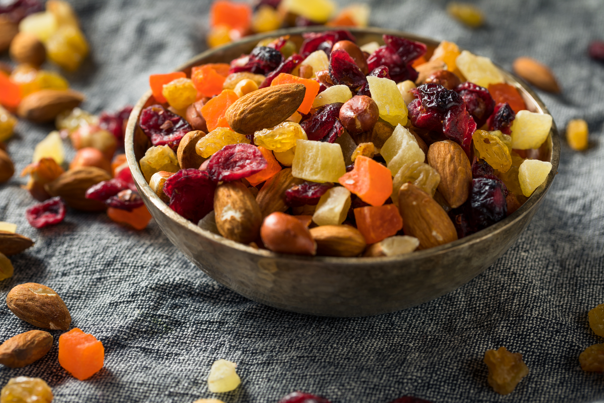 Bowl of raisins and other dried fruits.