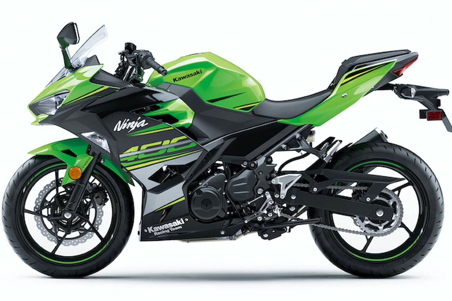 Side profile of Kawasaki Ninja 400 with a white backdrop. 