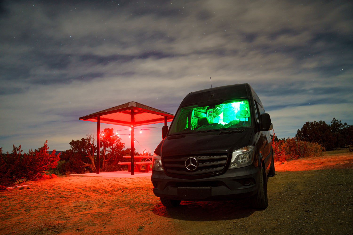 A converted Mercedes Sprinter Van at the El Malpais National Conservation Area.