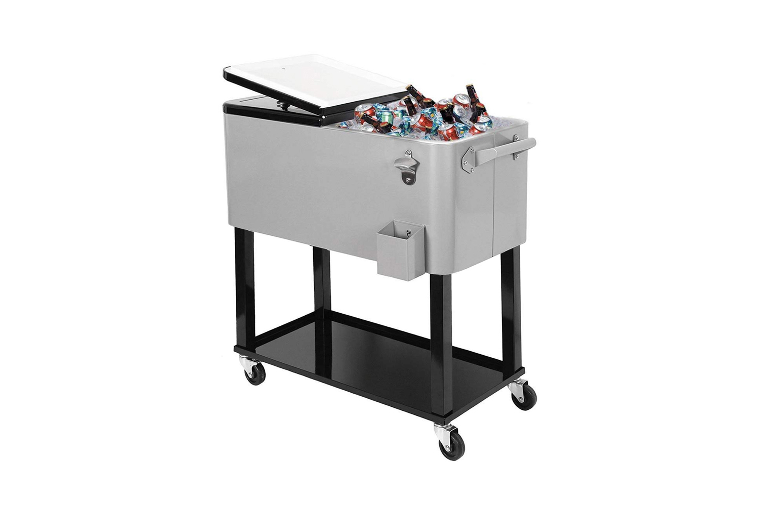 The Clevr Rolling Party Cooler containing bottles and cans of beverages on white background.