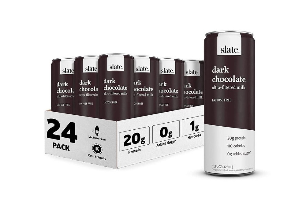 A 24-pack of Slate’s Dark Chocolate milk that has 20 grams of protein per serving and is Keto friendly.