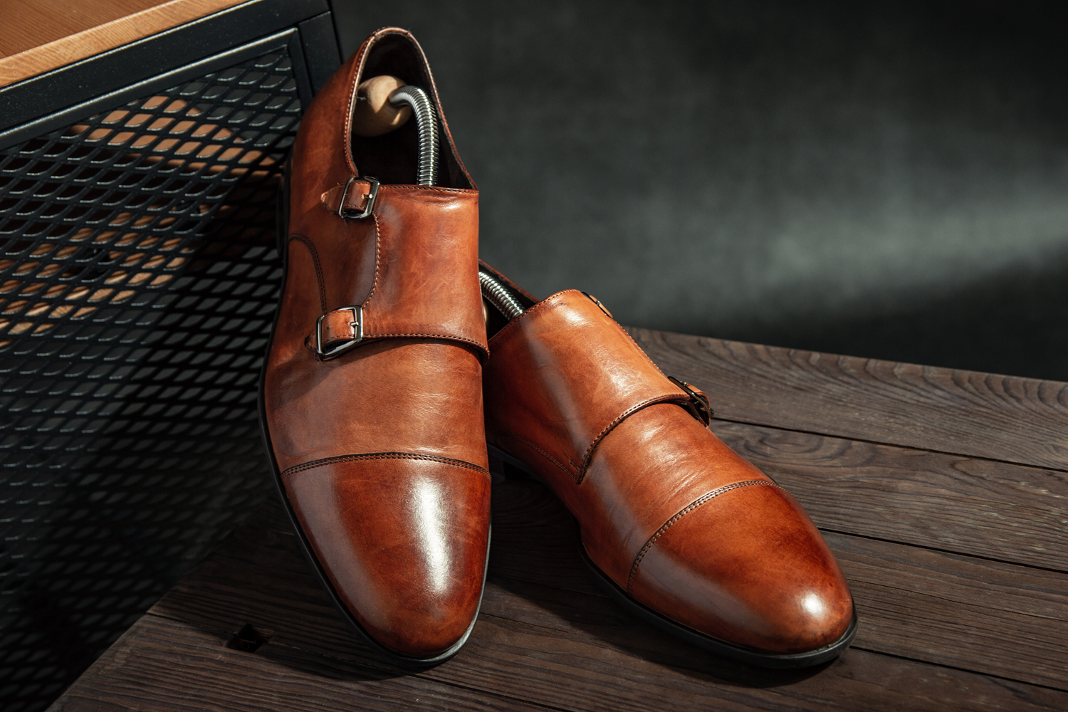 Brown double monk outlet strap shoes