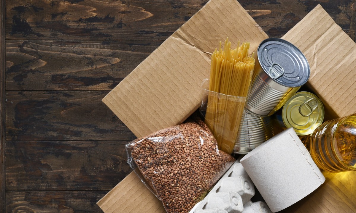 Collection of survival food and dehydrated meals.