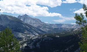 Panoramic view of mountains and valleys along the John Muir Trail.