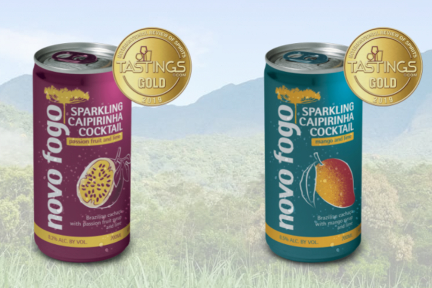 Novo Fogo Sparkling Cocktail cans in caipirinha and mango flavor.