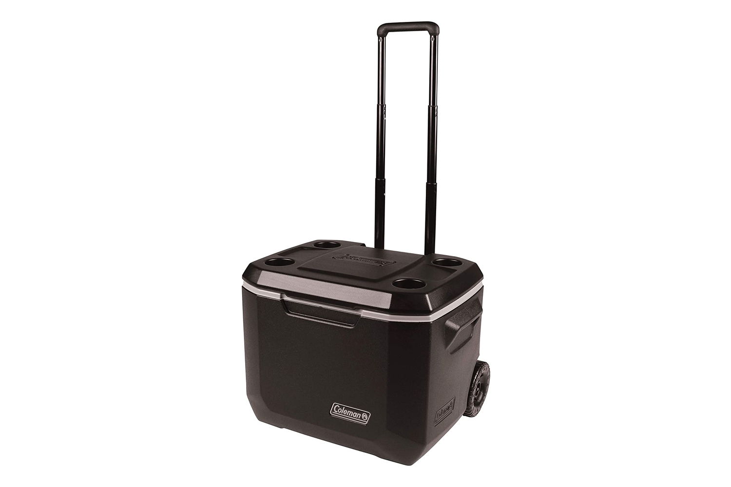 A black Coleman Xtreme 5-Day Rolling Cooler on white background.