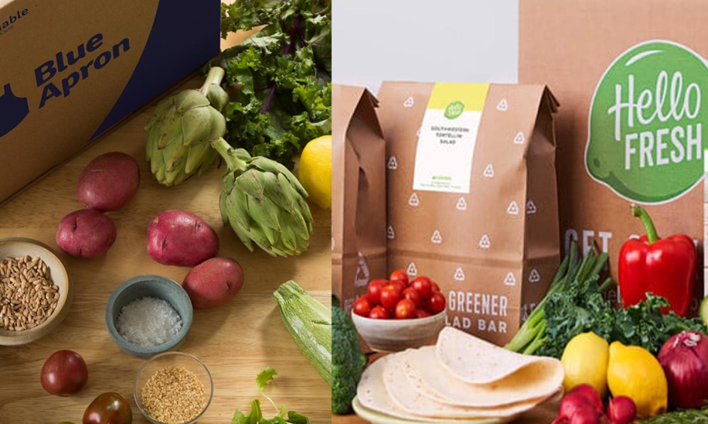 A HelloFresh meal kit next to a selection of vegetables