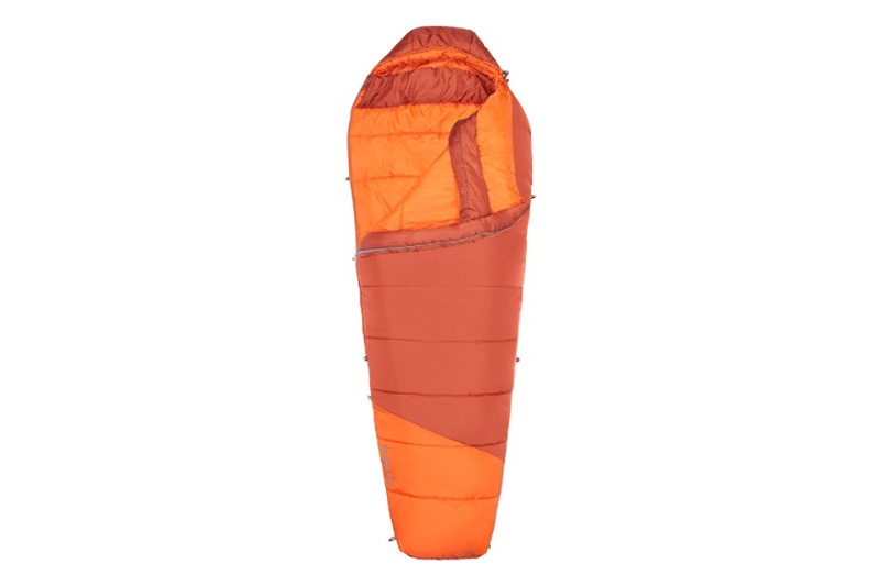 Kelty Mistral 0 sleeping bag in orange on a white studio background.