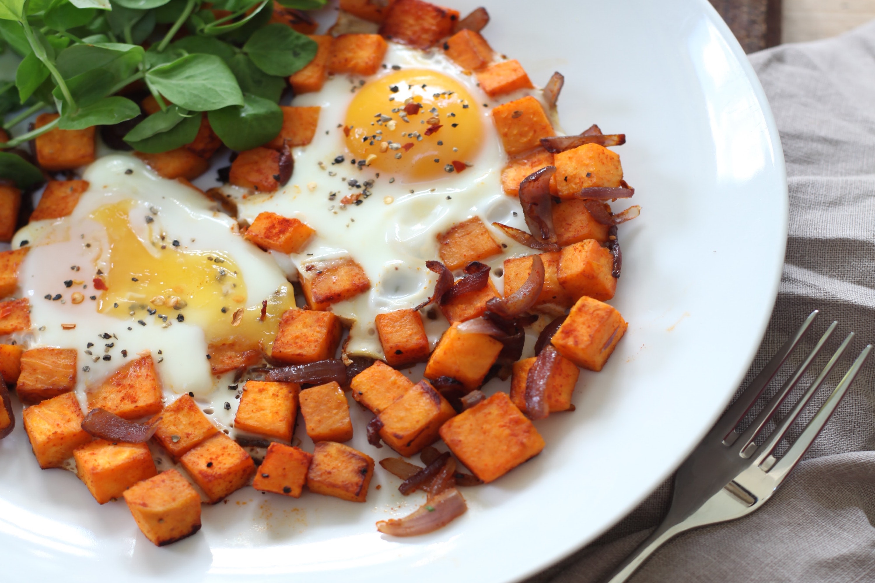 Wweet potato and eggs.