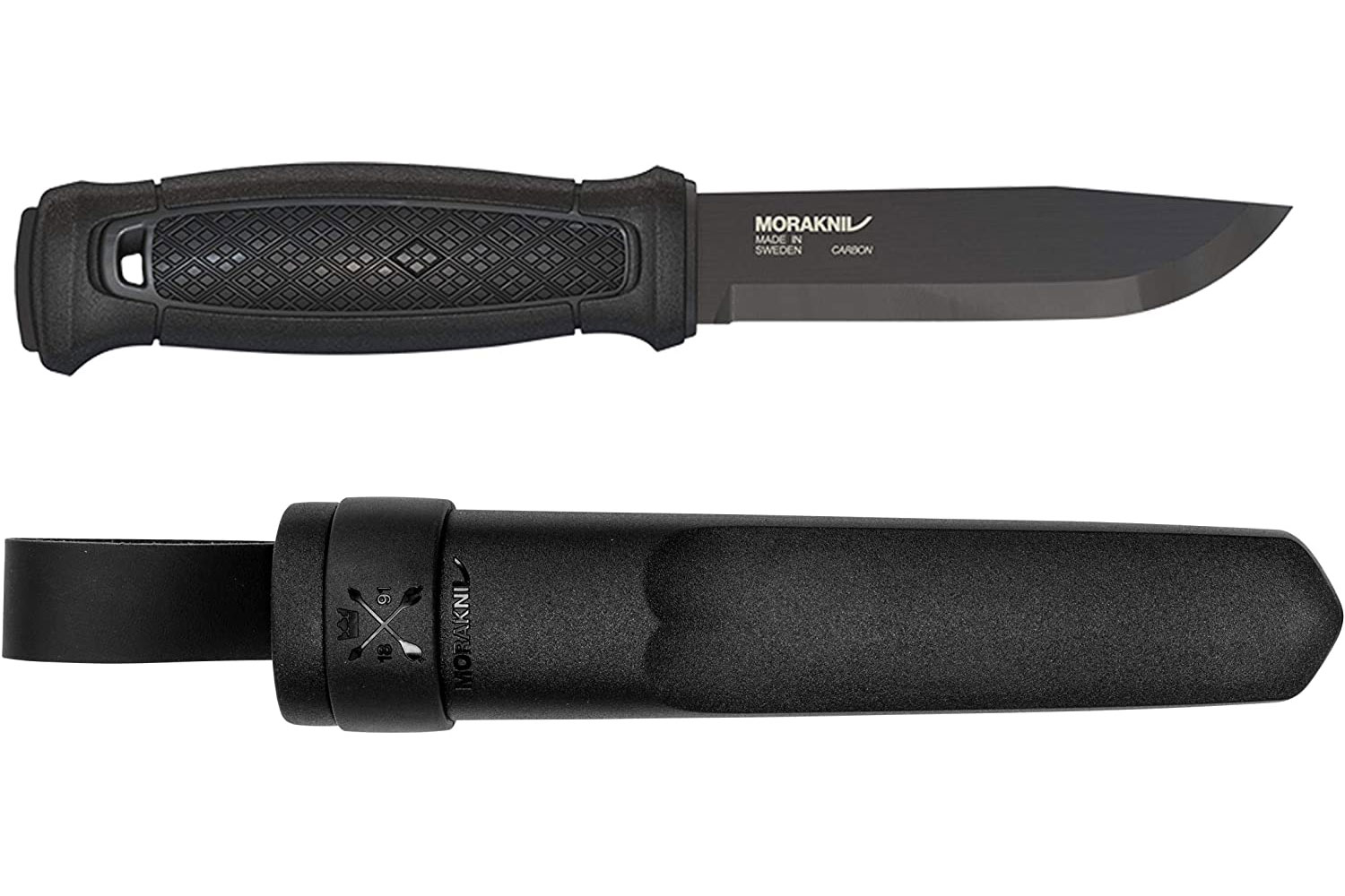 Morakniv Garberg Full Tang Fixed Blade Knife and sheath on a white background.