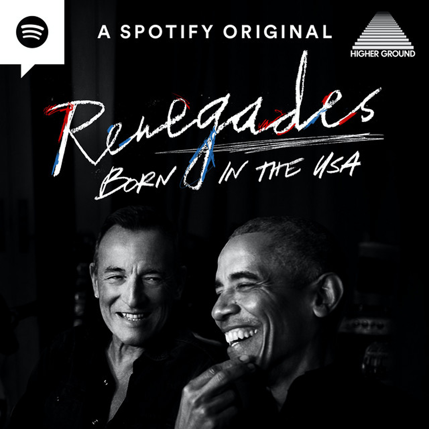 The logo of Renegades: Born in the USA, featuring Barack Obama and Bruce Springsteen. 