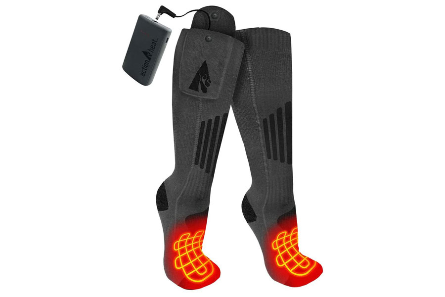 Pair of ActionHeat Wool 3.7V Rechargeable Heated Socks 2.0 on white background.