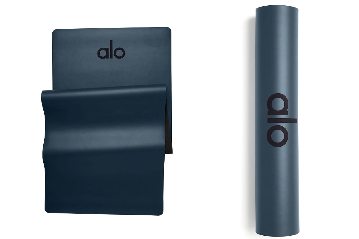 Alo Warrior Mat yoga mat shown rolled and unfurled. 