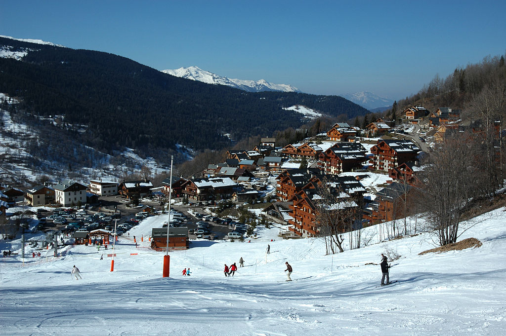 Looking down the ski slopes at Meribel in Les 3 Vallées, France.