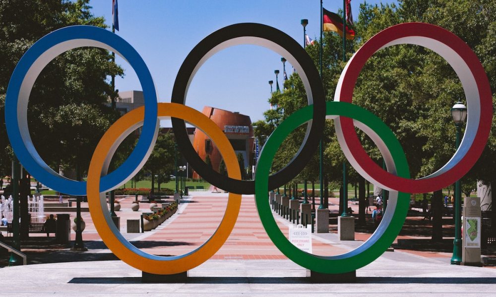 Olympic rings statue.