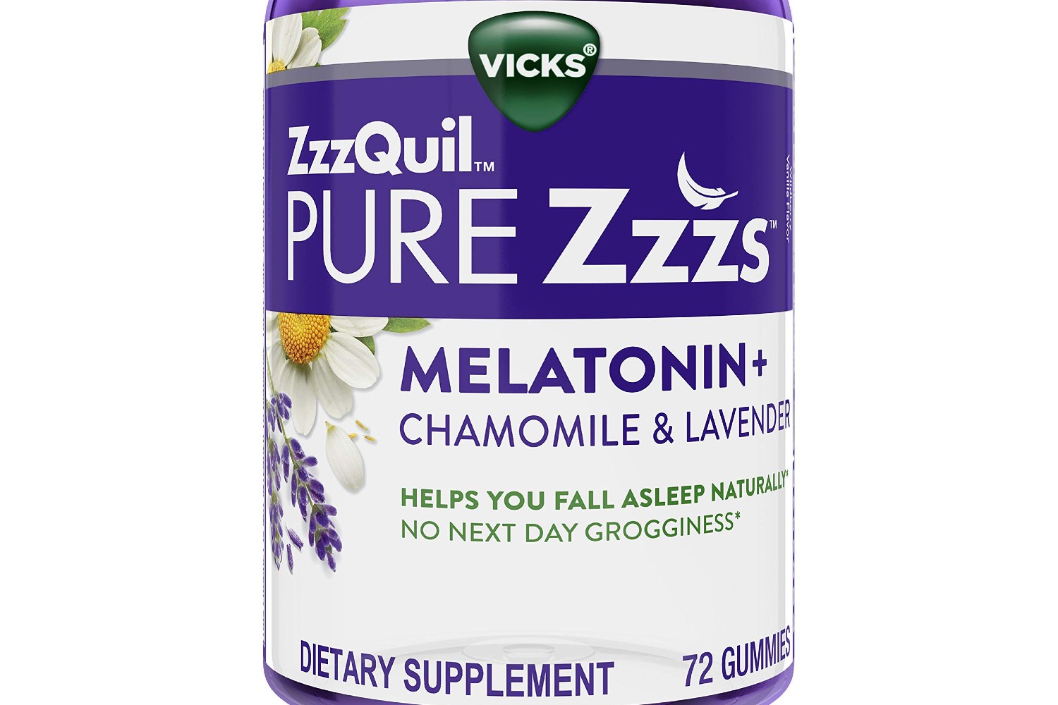 A bottle of ZzzQuil Pure Zzzs melatonin sleep aid gummies.