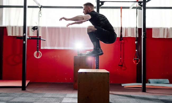 A man doing a box jump in a gym.