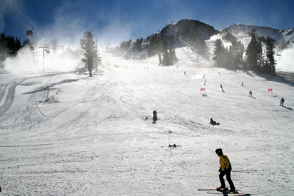 Skiers and snowboarders on slopes.