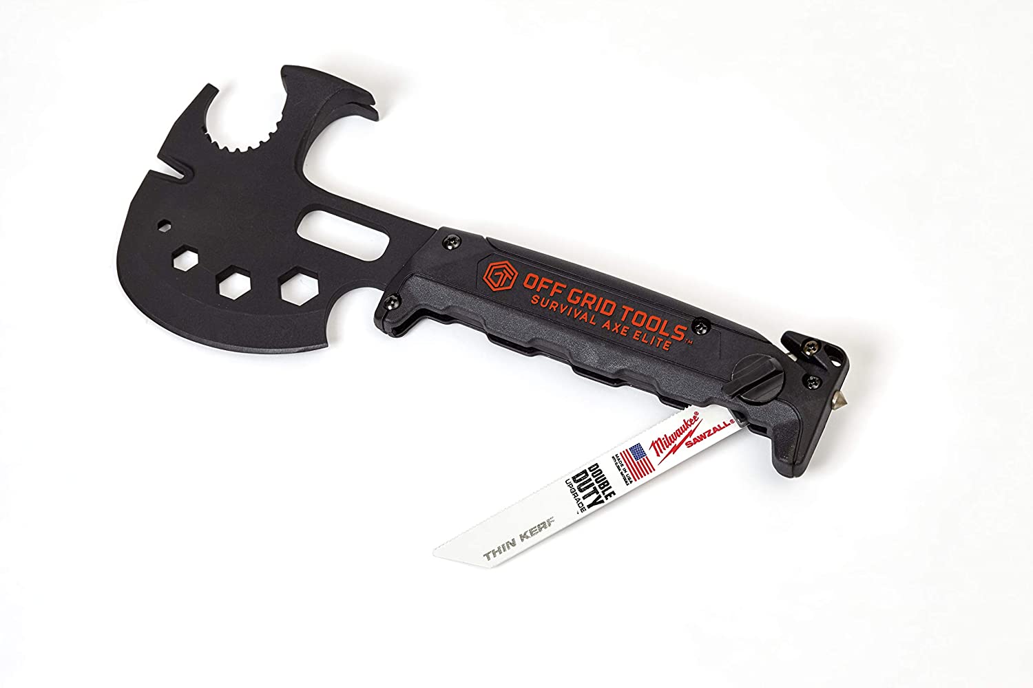 A black Off Grid Tools Pro Survival Axe Elite displayed on white background.