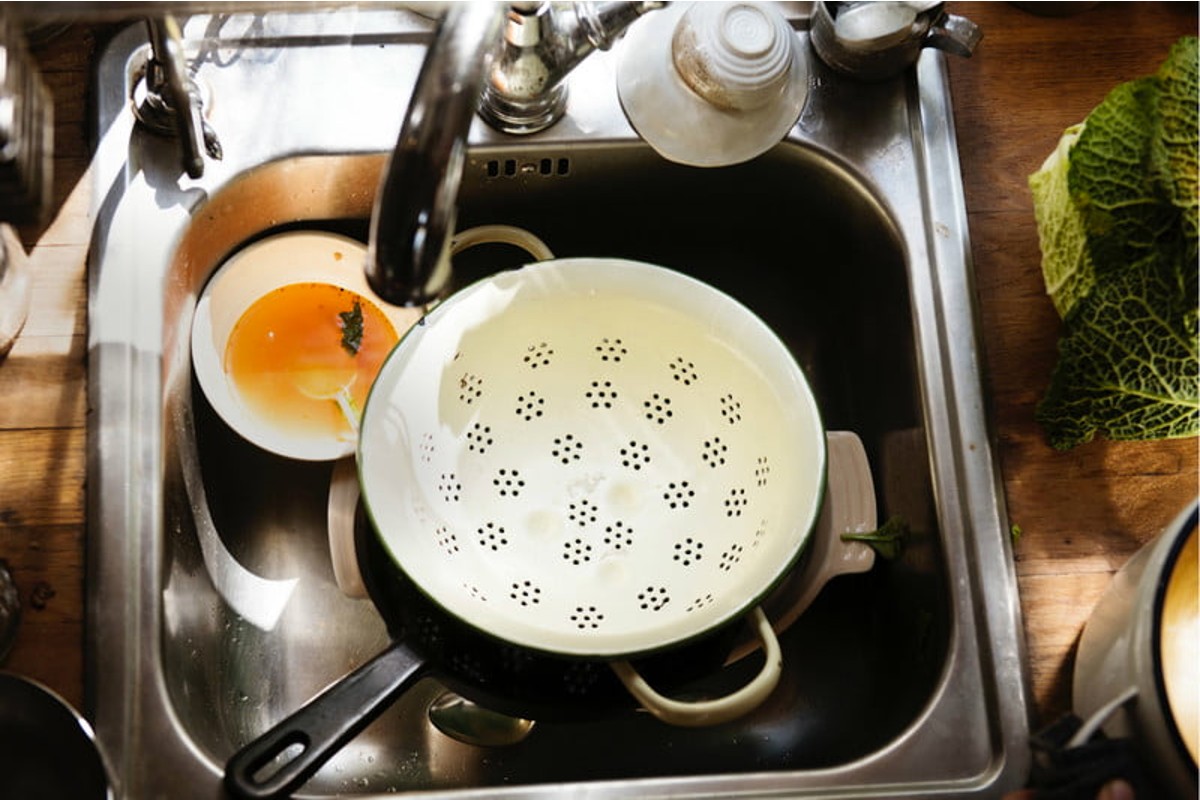 Pile of dirty dishes in the sink