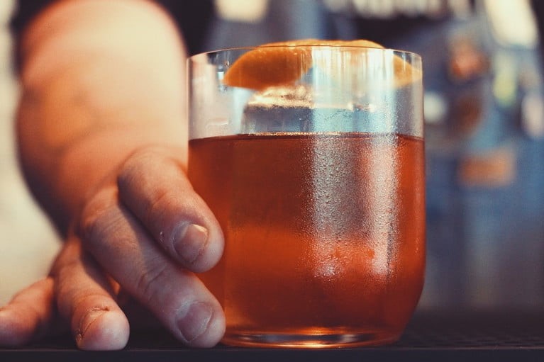 Old Fashioned cocktail served in a glass.