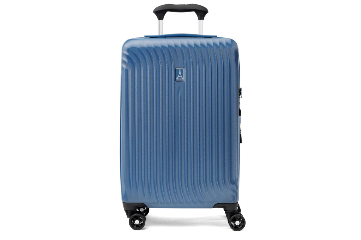 A Travelpro Maxlite Air Carry-on Expandable Hardside Spinner in Ensign Blue on a white background.