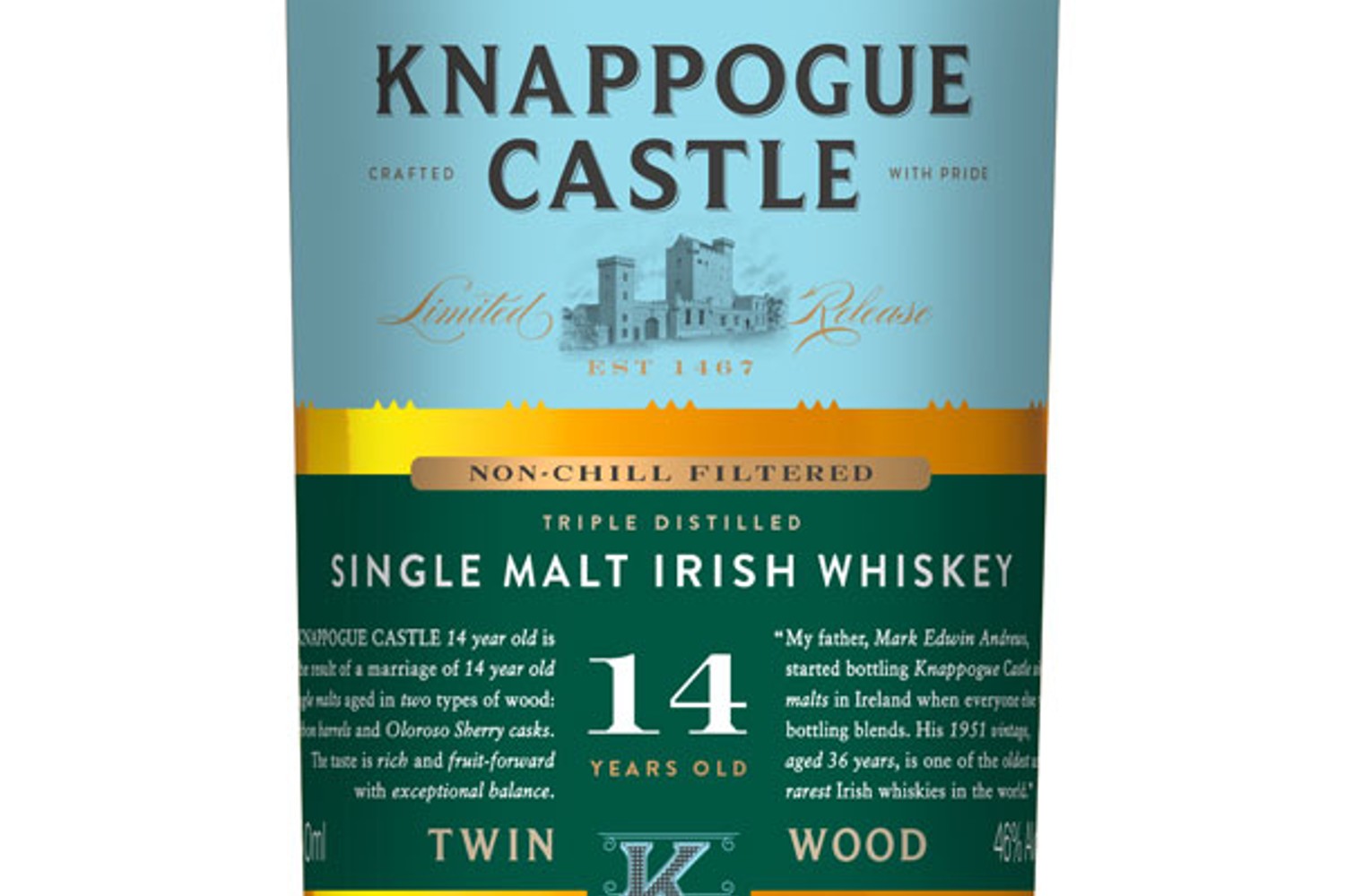 A close-up of s bottle of Knappogue Castle 14 Year Irish whiskey.