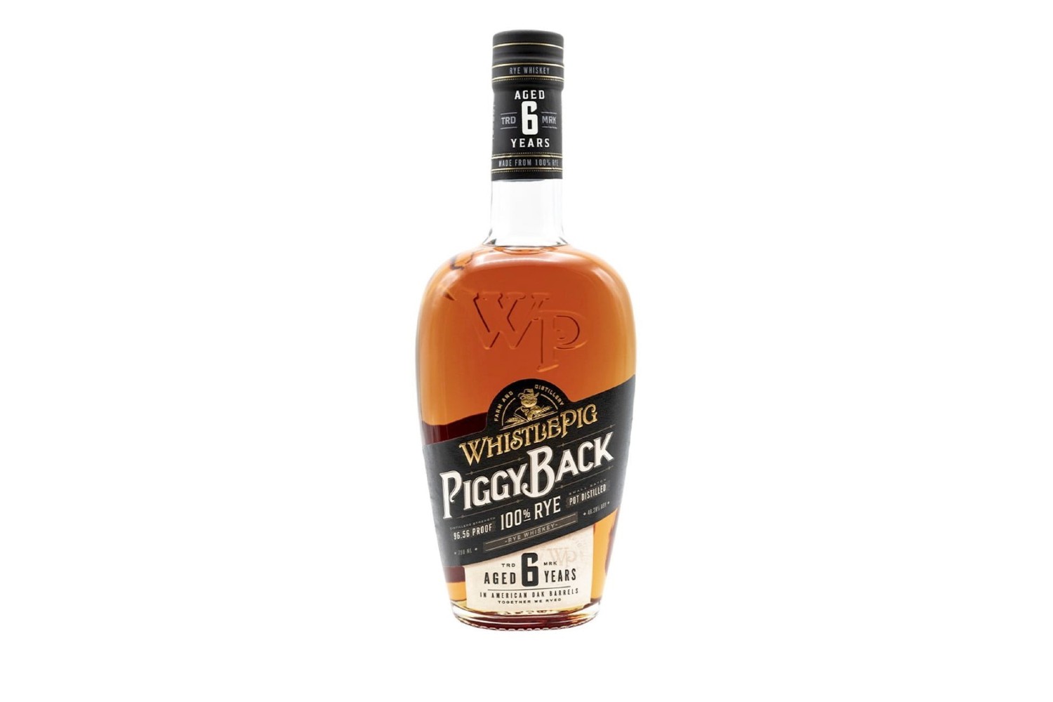 A bottle of WhistlePig Piggyback Rye whiskey.