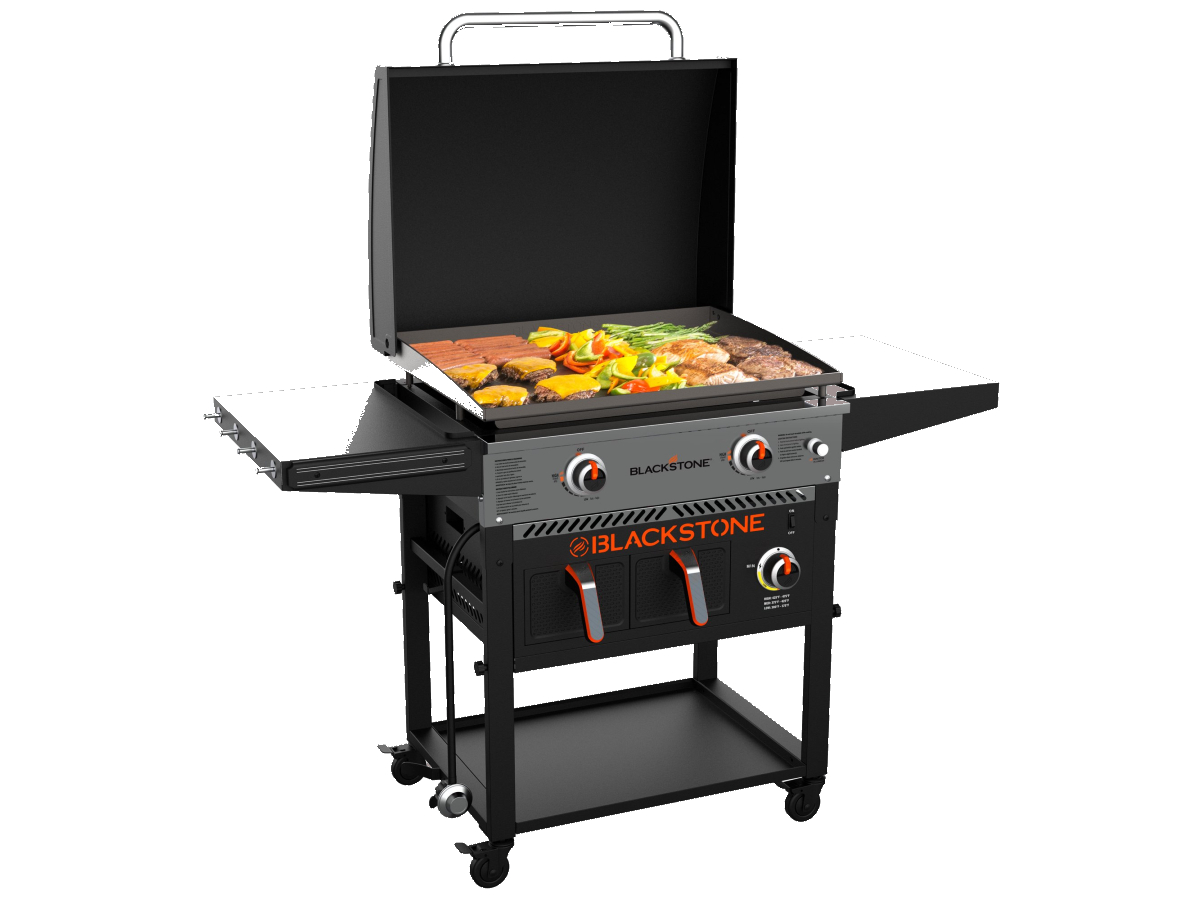 Blackstone 2-burner 28-inch griddle with electric air fryer and hood cooking a barbecue mix.