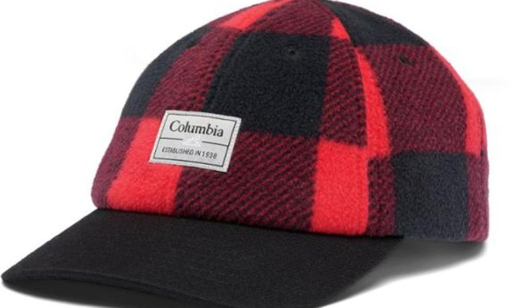 Red and black Columbia baseball cap on a white background