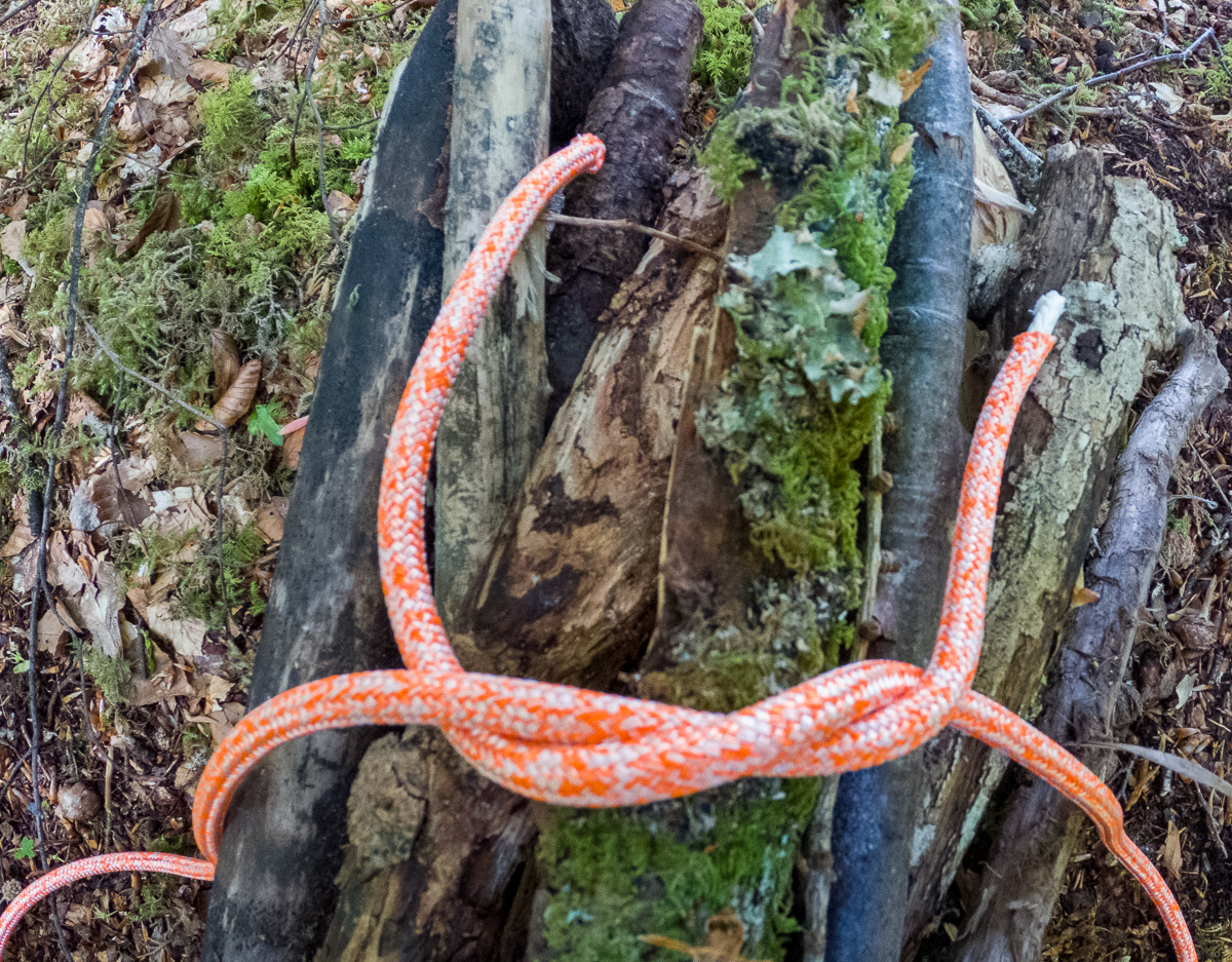 Step 2 of tying a square knot around a bundle of wood