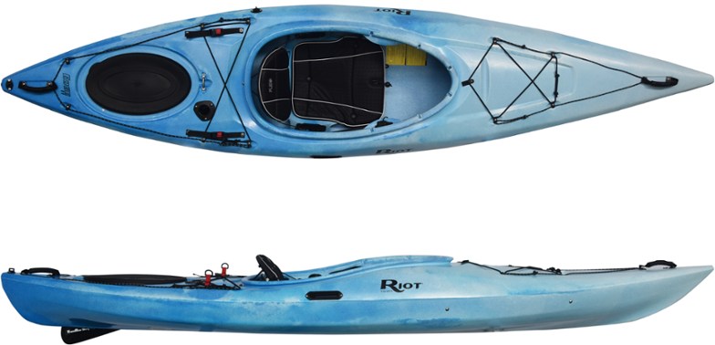 A blue kayak is pictured from top-down and side angles on a white background.